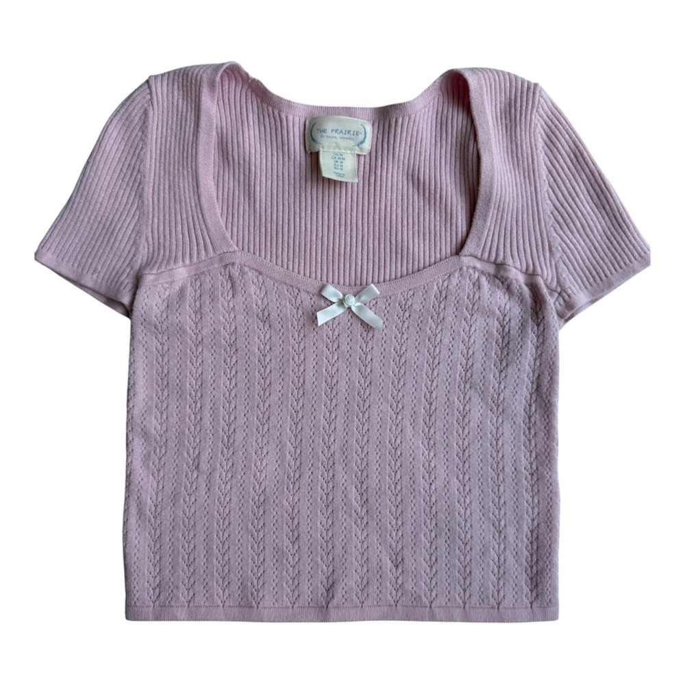 The Prairie Rachel Ashwell Pink Pointelle Knit Top Square Neck Bow Rosette Med